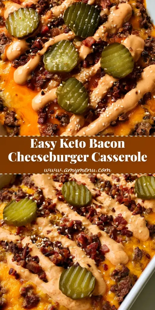 A top-down view of a Bacon Cheeseburger Casserole with melted cheddar, crispy bacon, crinkle-cut pickles, and burger sauce drizzle.