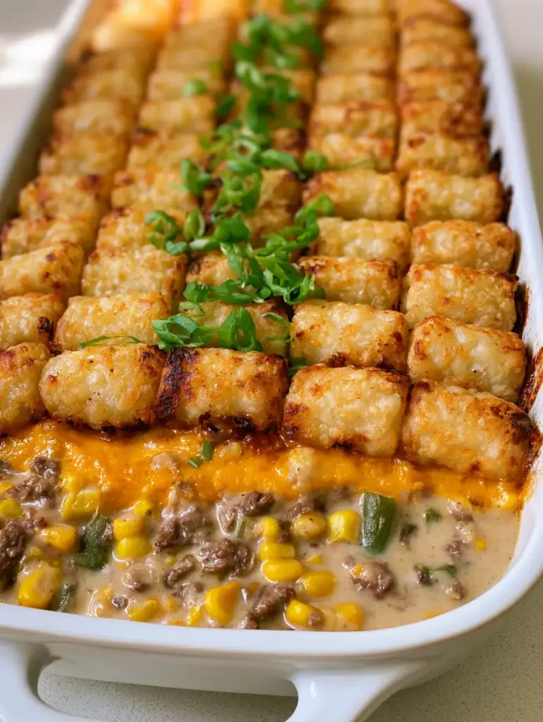 Tater Tot Casserole: The Ultimate Crispy and Cheesy Comfort Food 1 Side view of Tater Tot Casserole in a white ceramic dish showing the thick beige mushroom gravy and vegetables.