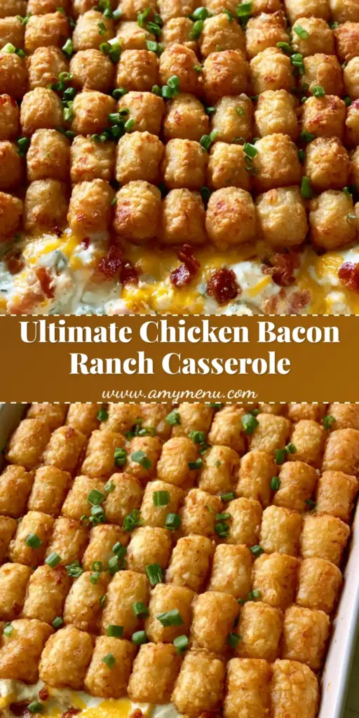 A rectangular white ceramic dish filled with Chicken Bacon Ranch Tater Tot Casserole featuring neat rows of golden crispy tots and green onion garnish.
