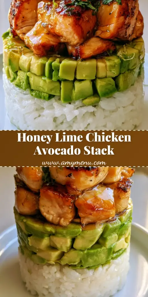 A vertical photo of a Honey Lime Chicken Rice Stack with layered rice, avocado, and glossy glazed chicken on a white plate.