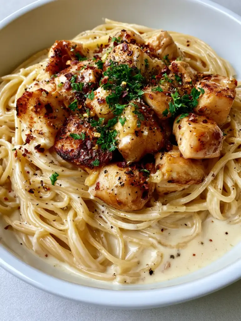 Seared chicken breast bites glistening with garlic butter on top of a bed of pasta.