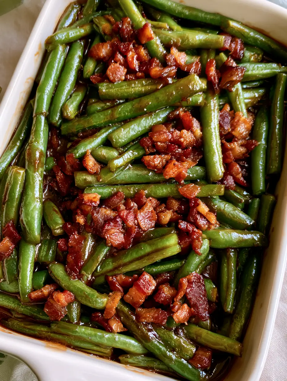 Rectangular white ceramic dish filled with tender cooked green beans thoroughly coated in a thick glossy dark brown glaze. (Crack Green Beans)
