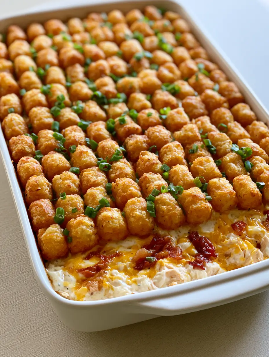 Close up shot of Chicken Bacon Ranch Tater Tot Casserole showing the creamy chicken base and melted cheddar cheese.