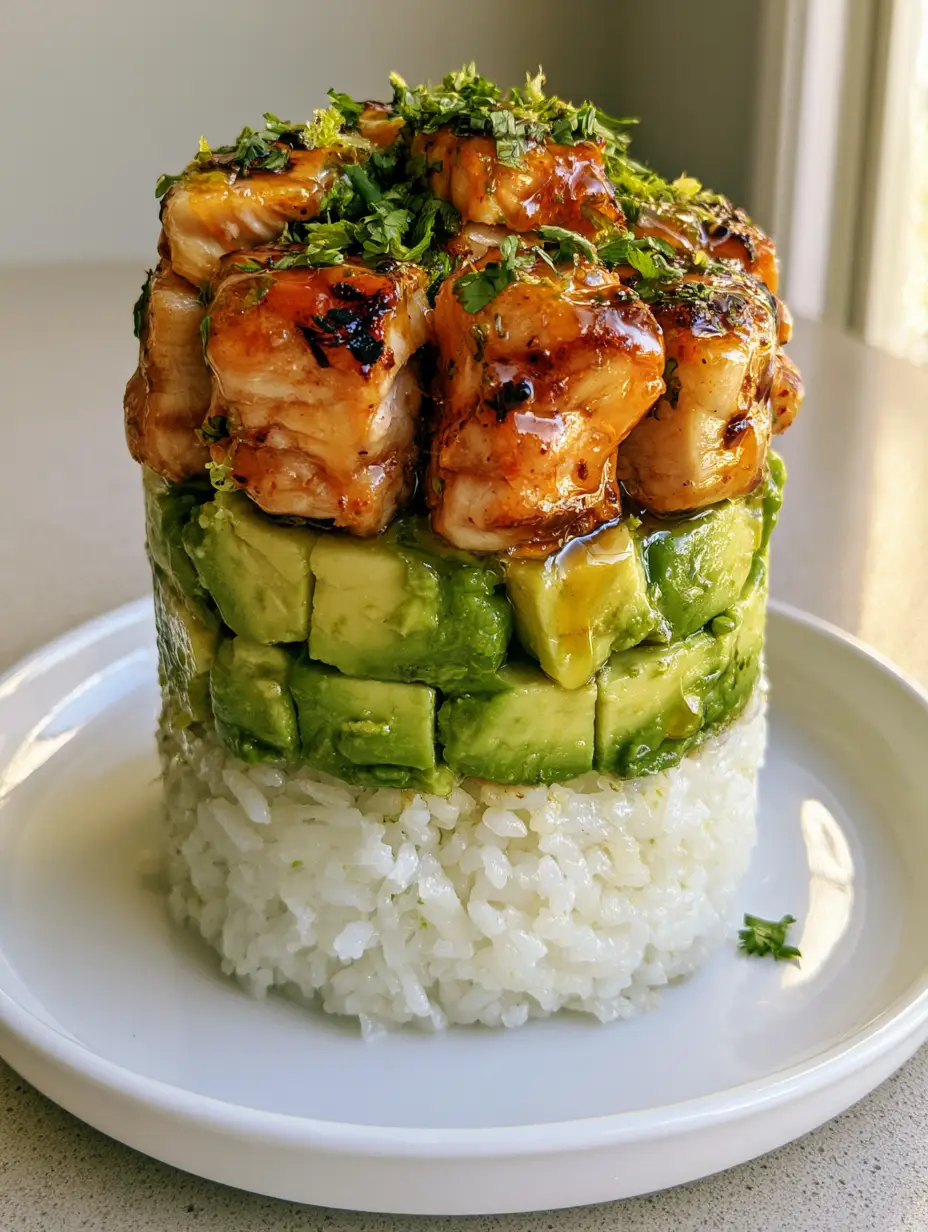 Cylindrical stack of jasmine rice, avocado, and honey lime chicken with char marks and cilantro garnish. (Honey Lime Chicken Rice Stack)