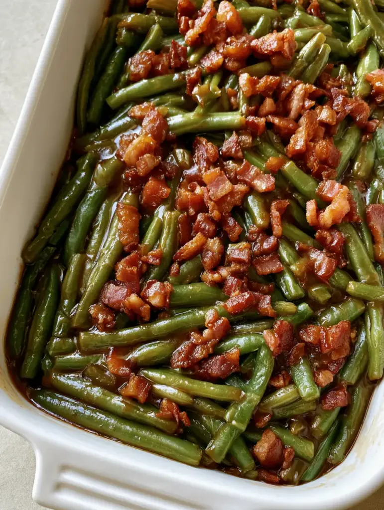 Close up of succulent green beans and crispy bacon bits in a dark brown brown sugar and soy glaze. (Crack Green Beans)