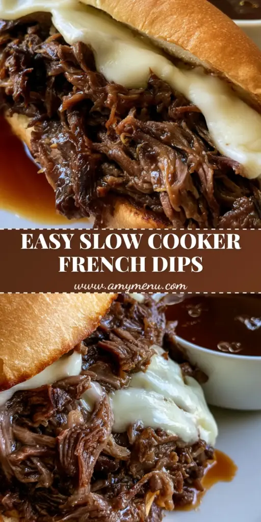 A long toasted hoagie roll stuffed with juicy shredded beef and melted provolone cheese, served with a ramekin of dark brown au jus. (Slow Cooker French Dip Sandwiches)