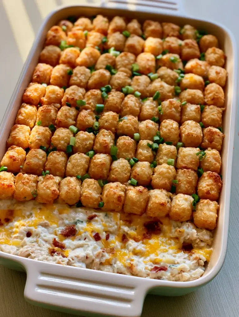Top view of the tater tot casserole with crispy golden tots arranged in neat rows.