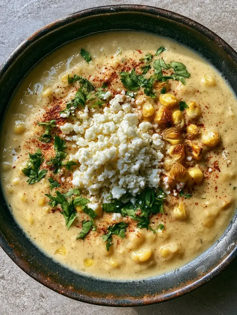 Close-up of Mexican Street Corn Soup showing whole yellow corn kernels, fine red chili powder dusting, and fresh cilantro leaves.
