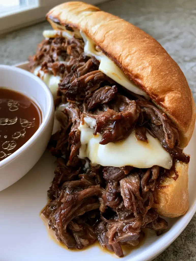 A white ceramic ramekin filled with dark brown au jus next to a cheesy shredded beef sandwich.