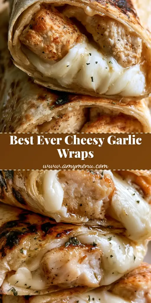 A stack of sliced Cheesy Garlic Chicken Wraps showing melted mozzarella cheese and seared chicken chunks inside toasted flour tortillas with dark charred spots.