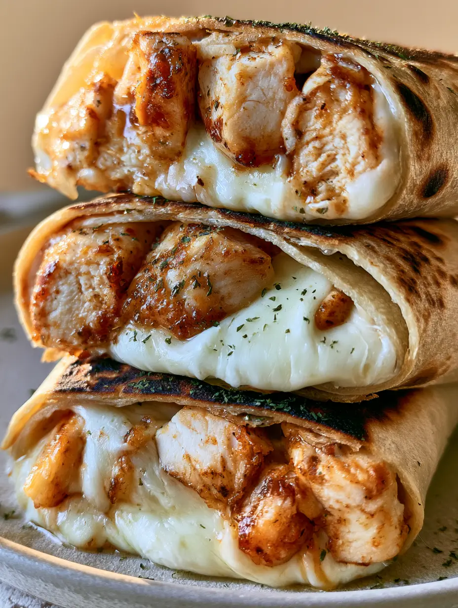 Close-up shot of Cheesy Garlic Chicken Wraps with golden brown charred spots and melted cheese details.