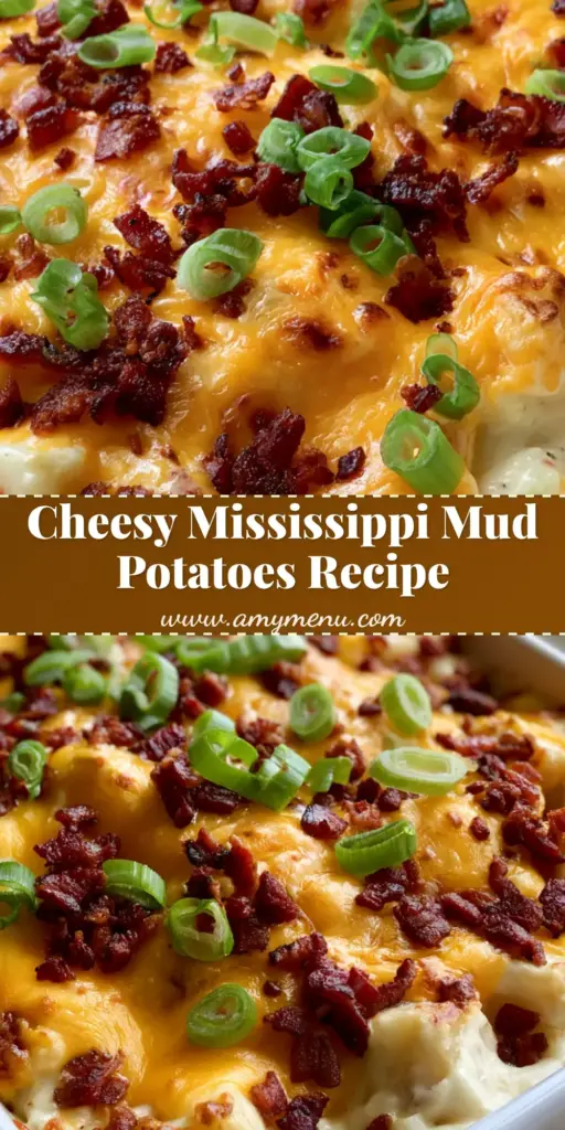 A overhead shot of Mississippi Mud Potatoes in a white dish featuring bubbling melted cheddar, crispy bacon, and green scallions.