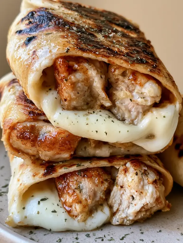Cross-section of sliced Cheesy Garlic Chicken Wraps highlighting the thick chunks of seared white meat and gooey mozzarella cheese.