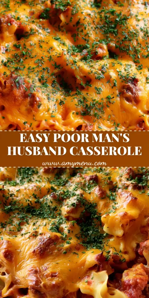 A close-up of Poor Man's Husband Casserole in a white dish with melted bubbly cheddar and green parsley flakes.