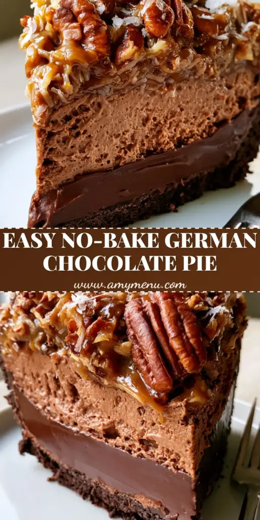A tall, decadent slice of No-Bake German Chocolate Pie standing upright on a white plate, showing distinct dark ganache and light mousse layers topped with coconut and pecans.