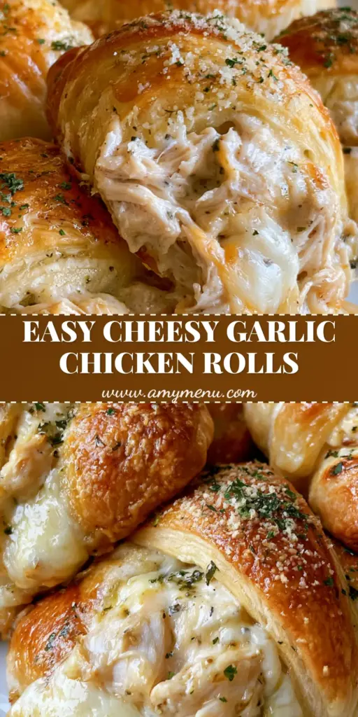 Close-up of Cheesy Garlic Chicken Rolls on a white plate, showing the flaky golden crust, melted mozzarella cheese oozing out, and a garlic butter glaze with parsley specks.
