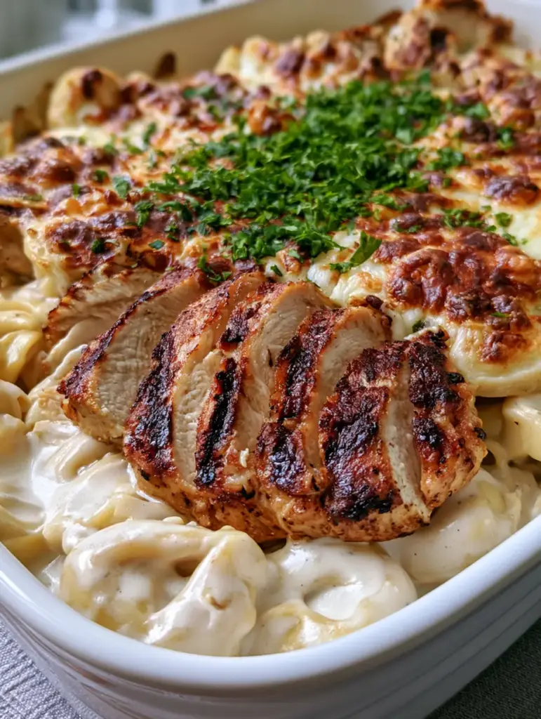 A white baking dish filled with grilled chicken and melted mozzarella and Asiago cheese over pasta.