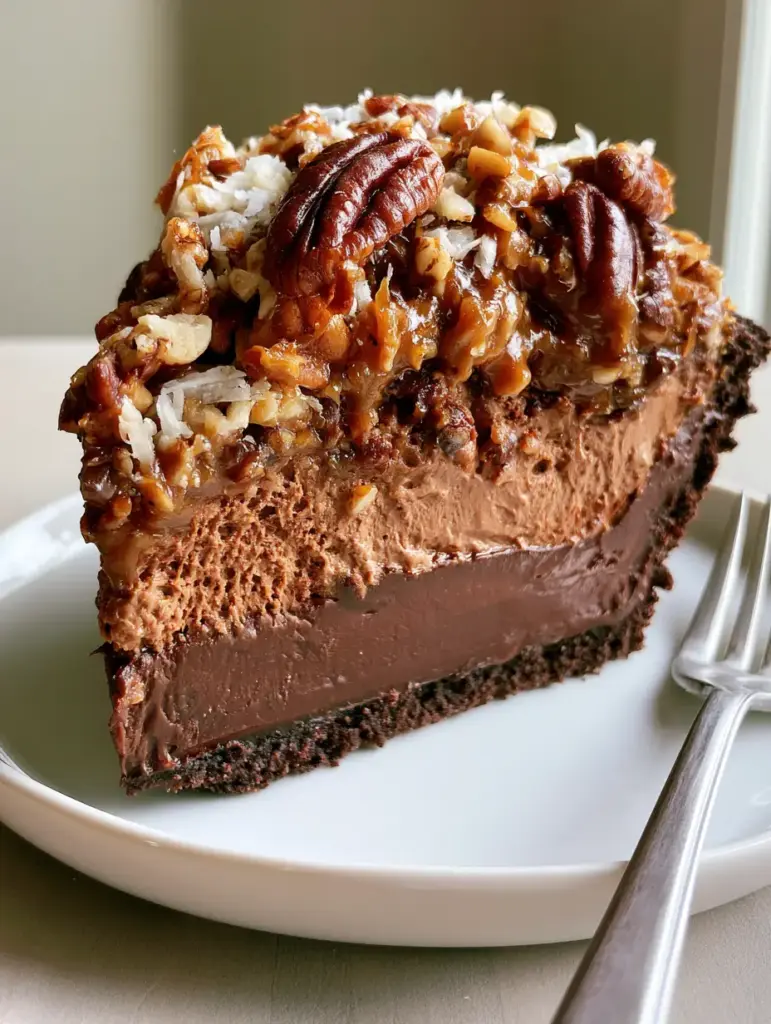 Close-up of No-Bake German Chocolate Pie layers: dark cookie crust, rich ganache, and airy chocolate cream.