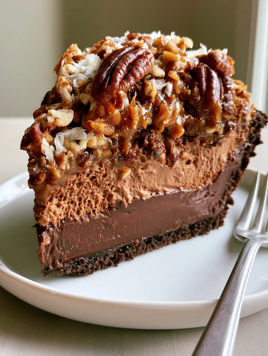 Close-up of No-Bake German Chocolate Pie layers: dark cookie crust, rich ganache, and airy chocolate cream.