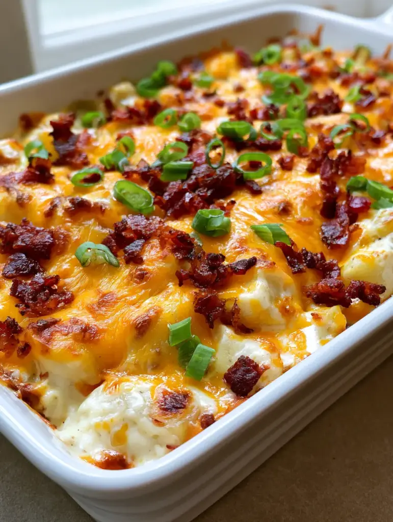 Freshly baked Mississippi Mud Potatoes garnished with dark reddish-brown bacon crumbles and green scallion rings.