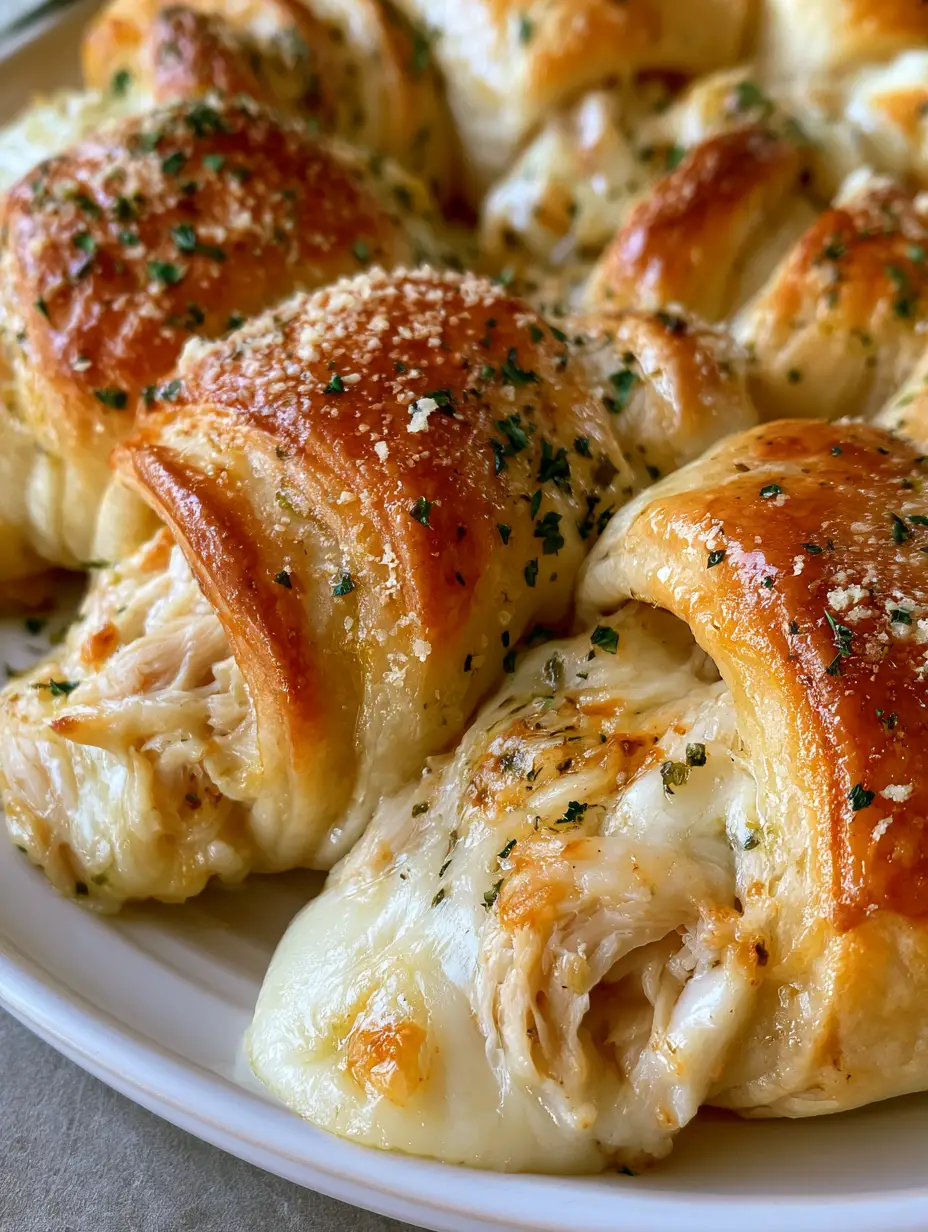 A handheld smartphone photo showing a golden-brown Cheesy Garlic Chicken Roll being pulled apart to reveal the creamy chicken and mozzarella filling.