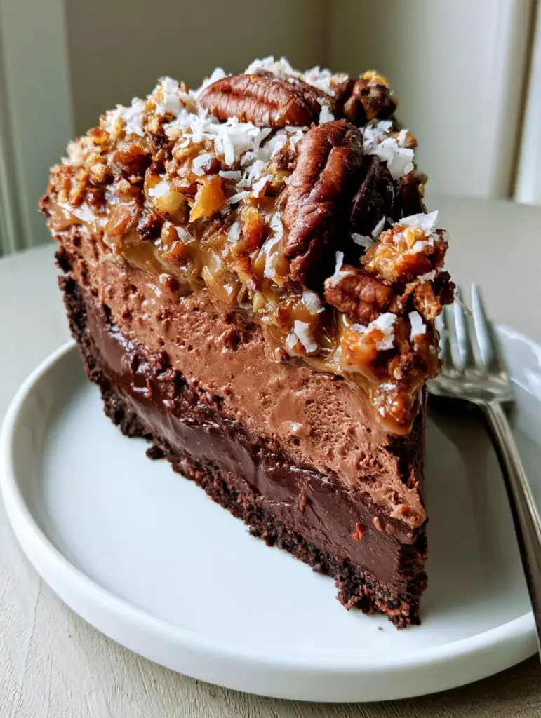 A handheld smartphone style photo of a slice of No-Bake German Chocolate Pie featuring glossy caramel coconut pecan frosting.