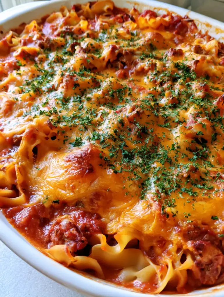 Detailed shot of wavy egg noodles coated in red sauce and melted cheddar. (Poor Man's Husband Casserole)