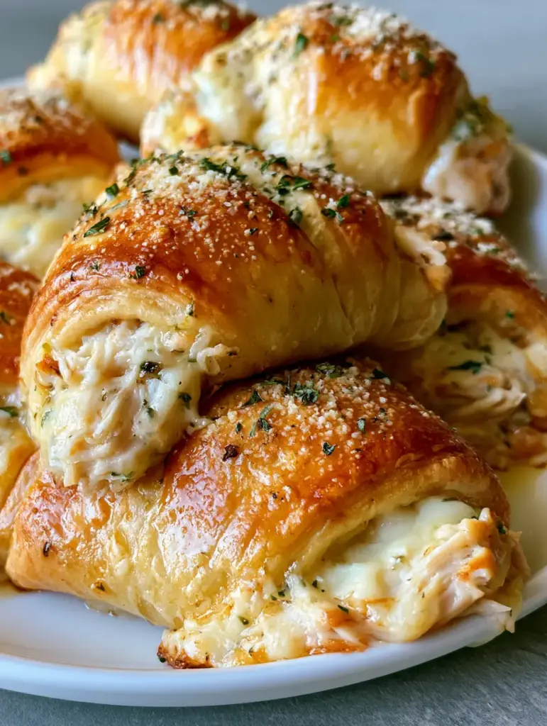 A batch of freshly baked Cheesy Garlic Chicken Rolls arranged on a neutral gray countertop, glistening with garlic butter and dried herbs.
