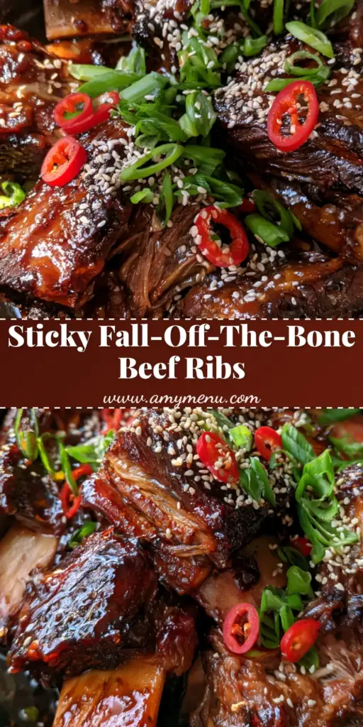 A close-up vertical shot of Sticky Asian Beef Short Ribs in a cast iron skillet, featuring a thick mahogany glaze, sesame seeds, and red chilies.