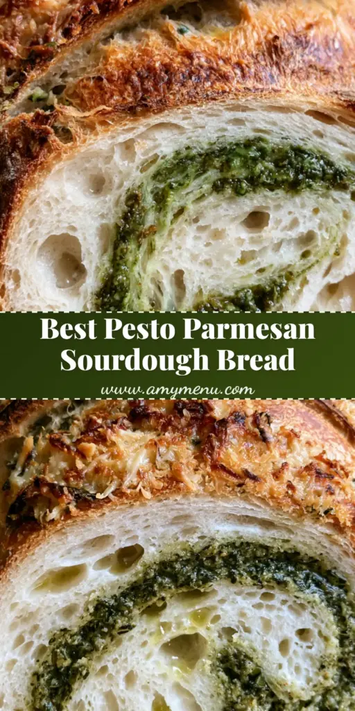 A tall Pinterest pin showing a sliced Pesto Parmesan Sourdough Bread with a heavy green pesto swirl and a rustic parmesan crust.