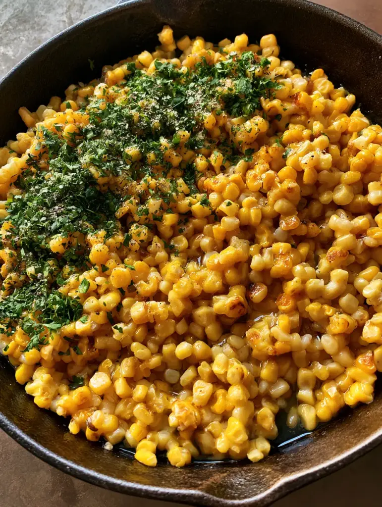 Glistening Honey Butter Skillet Corn kernels with a translucent golden glaze and flecks of cracked black pepper.