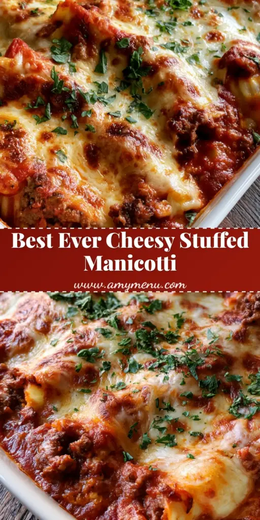 A rectangular white ceramic baking dish filled with Stuffed Manicotti topped with bubbly mozzarella and beef marinara. (Stuffed Manicotti Recipe)