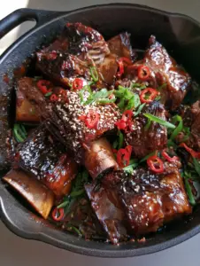 Top-down view of Sticky Asian Beef Short Ribs in a black skillet with rendered beef fat and caramelized sauce.