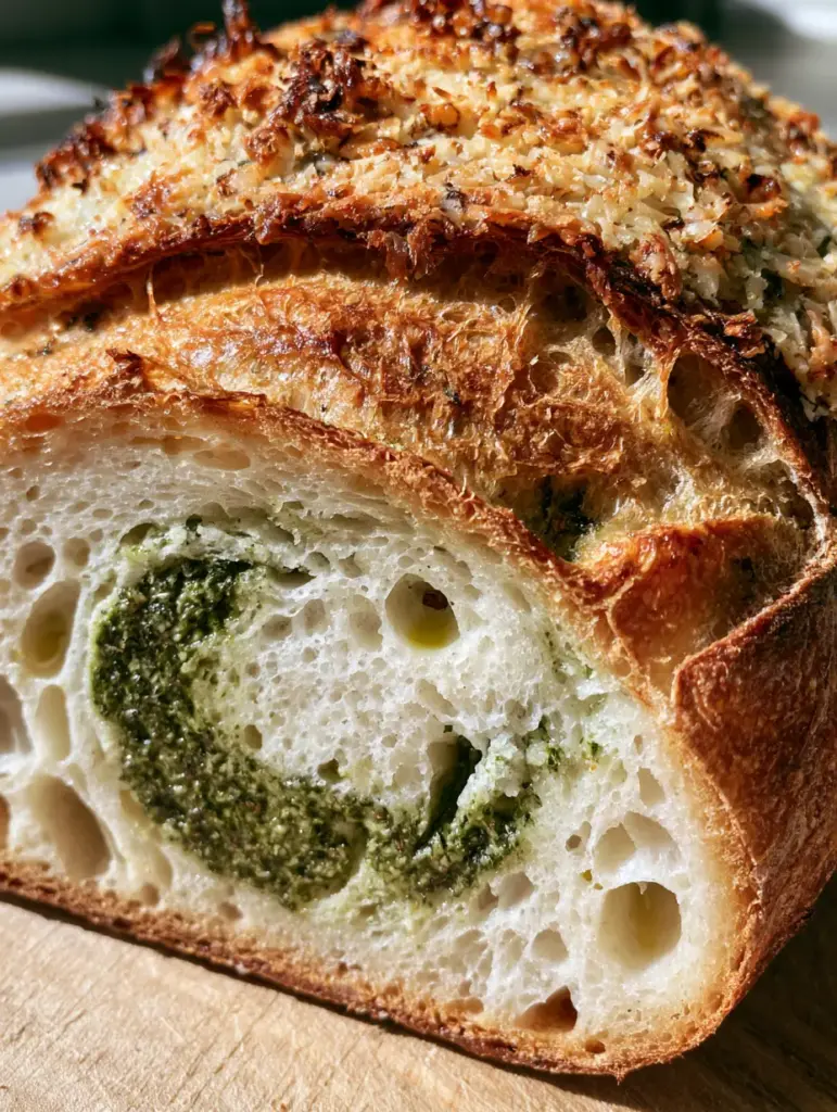 A close-up, high-angle shot of a sliced artisan sourdough boule with visible dark green pesto swirls and toasted parmesan cheese flakes on a rustic crust. (Pesto Parmesan Sourdough Bread)