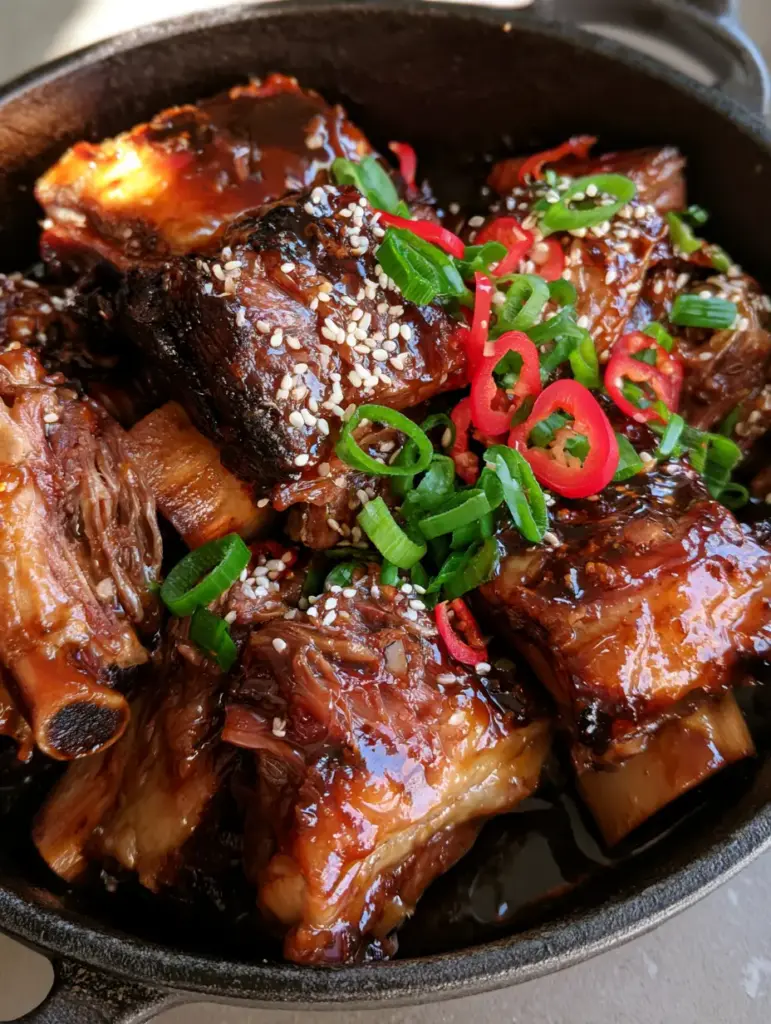 Close-up of glazed beef short ribs showing fat marbling and garnish of scallions and toasted sesame seeds.