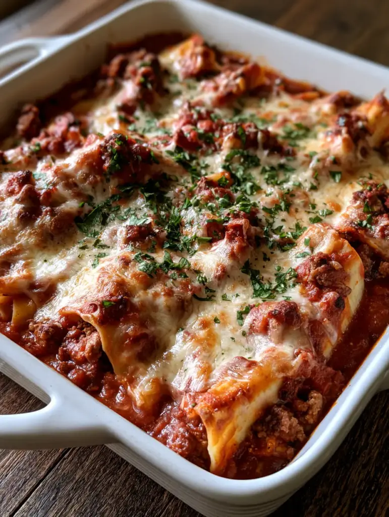 Close-up of baked manicotti shells in a white dish showing browned beef crumbles and golden toasted mozzarella. (Stuffed Manicotti Recipe)