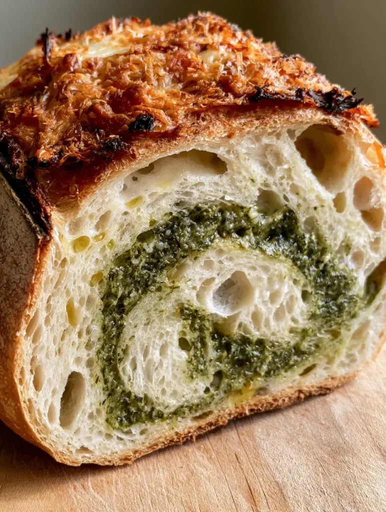 A detailed shot of Pesto Parmesan Sourdough Bread showing fine droplets of oil within the airy crumb and a charred parmesan topping.
