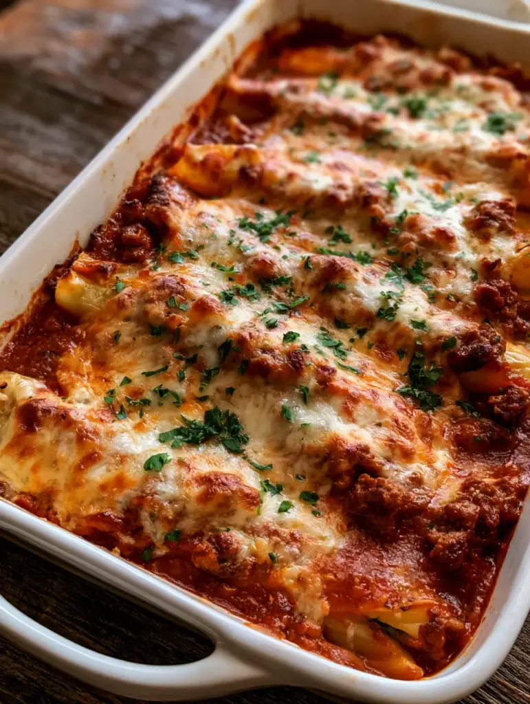 Stuffed Manicotti Recipe served in a white baking dish on a dark wood table with fresh parsley garnish.