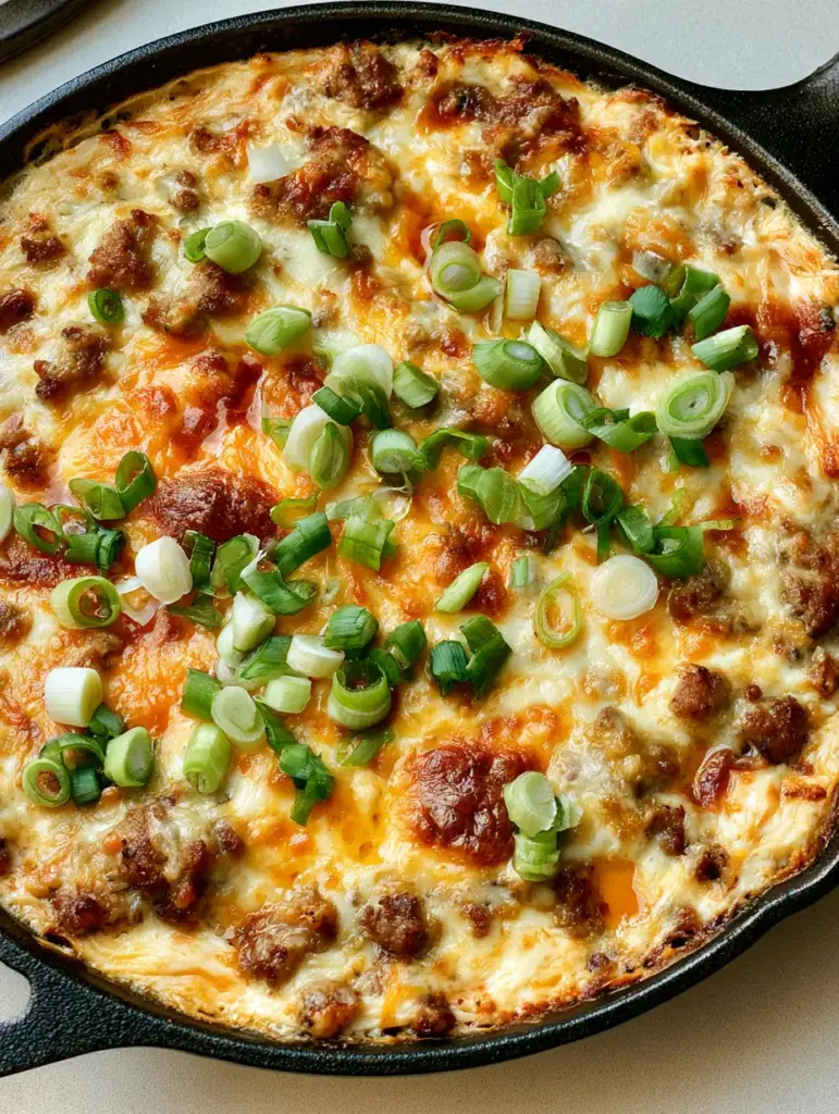 Close-up of Hissy Fit Dip showing melted cheese, browned breakfast sausage crumbles, and green onion garnish in a black skillet.