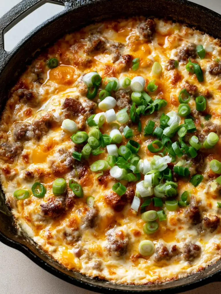 A handheld smartphone style photo of bubbly Hissy Fit Dip with generous green onion garnish.