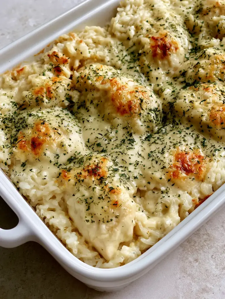 Close-up of baked chicken breasts nestled in a bed of creamy rice with golden caramelization spots.