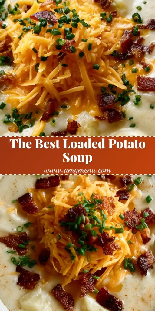 Loaded Potato Soup: The Ultimate Creamy Comfort Food 4 A rustic white bowl of Loaded Potato Soup topped with melted cheddar, dark brown bacon, and fresh green chives.
