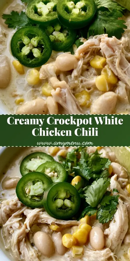 A close-up of a white ceramic bowl filled with Crockpot White Chicken Chili featuring shredded chicken, corn, and beans.