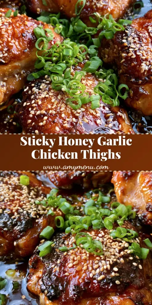 A top-down view of Honey Garlic Chicken Thighs in a dark metal skillet with a thick, glistening amber glaze, toasted sesame seeds, and sliced green onions.