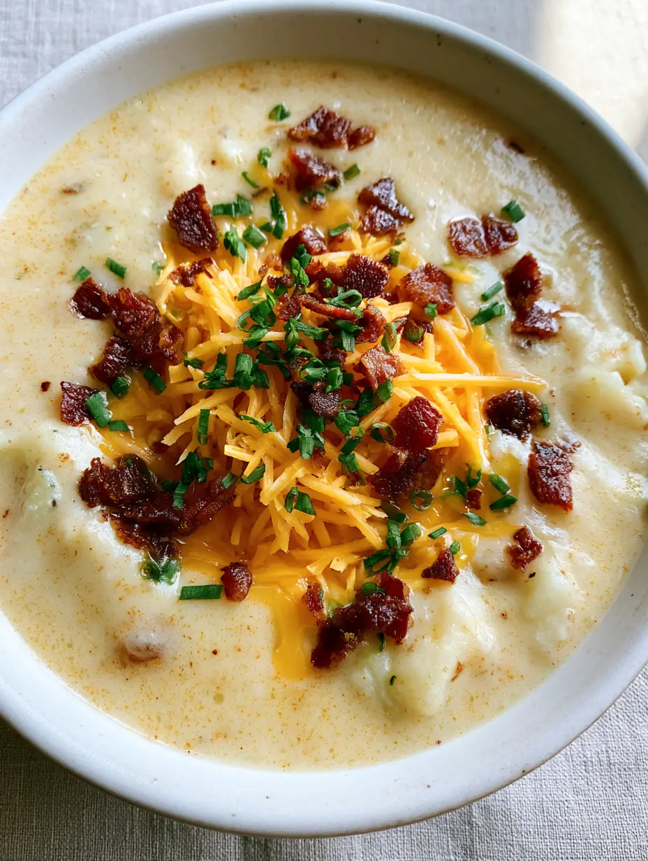 Loaded Potato Soup: The Ultimate Creamy Comfort Food 3 Close up of creamy off-white Loaded Potato Soup with chunks of yellow potatoes and shredded cheese.