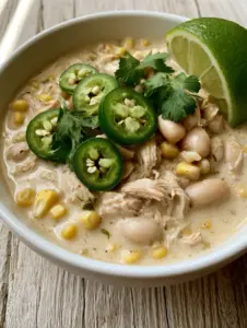 A creamy ivory broth Crockpot White Chicken Chili topped with fresh cilantro and jalapeño slices in a white bowl.