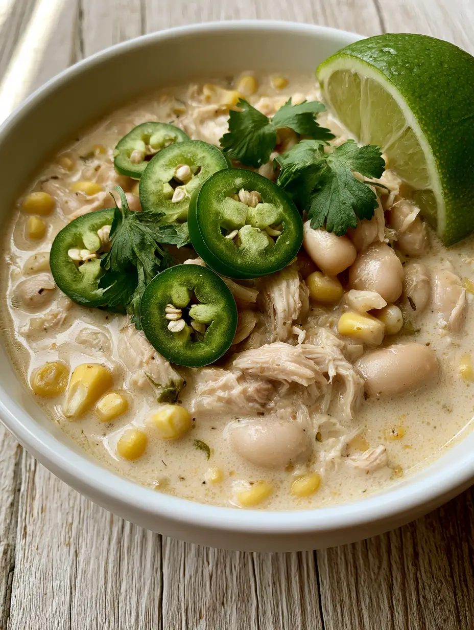 A creamy ivory broth Crockpot White Chicken Chili topped with fresh cilantro and jalapeño slices in a white bowl.