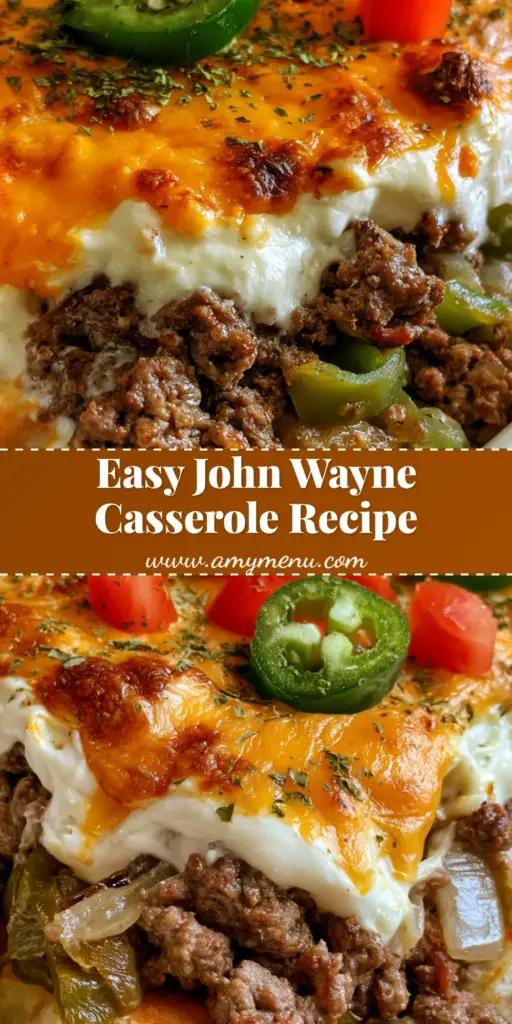 A close-up of John Wayne Casserole showing layers of golden biscuits, seasoned beef, and melted cheddar cheese garnished with jalapeños and tomatoes.