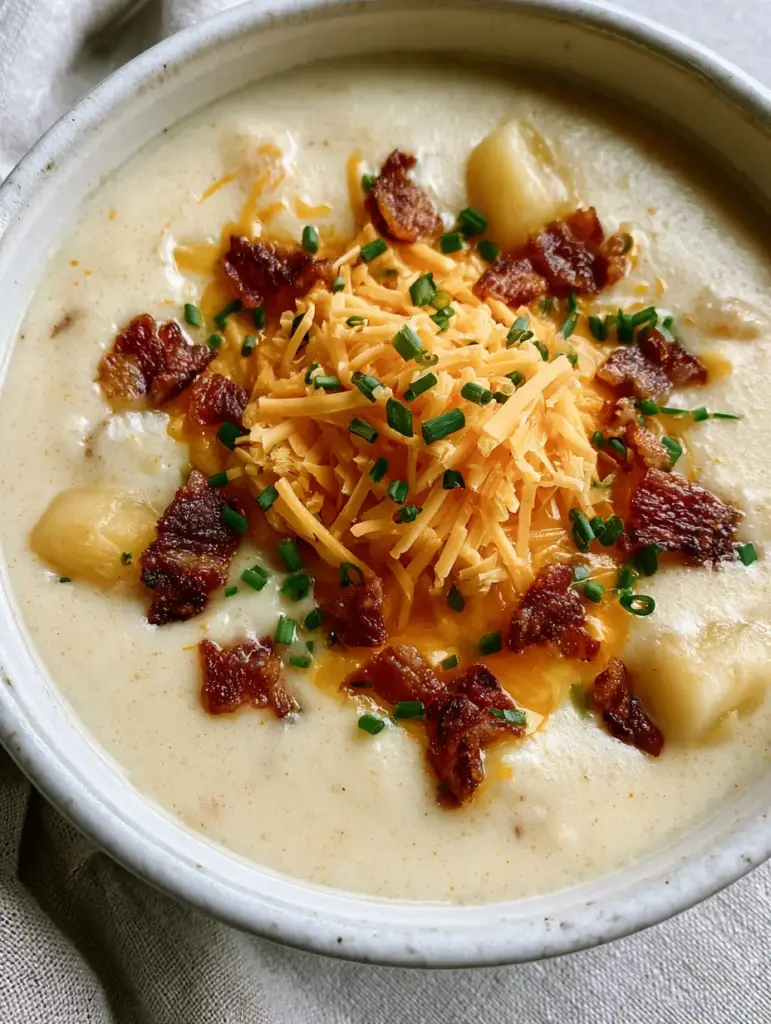 Loaded Potato Soup: The Ultimate Creamy Comfort Food 1 Overhead shot of Loaded Potato Soup garnish with chives and crispy bacon bits.