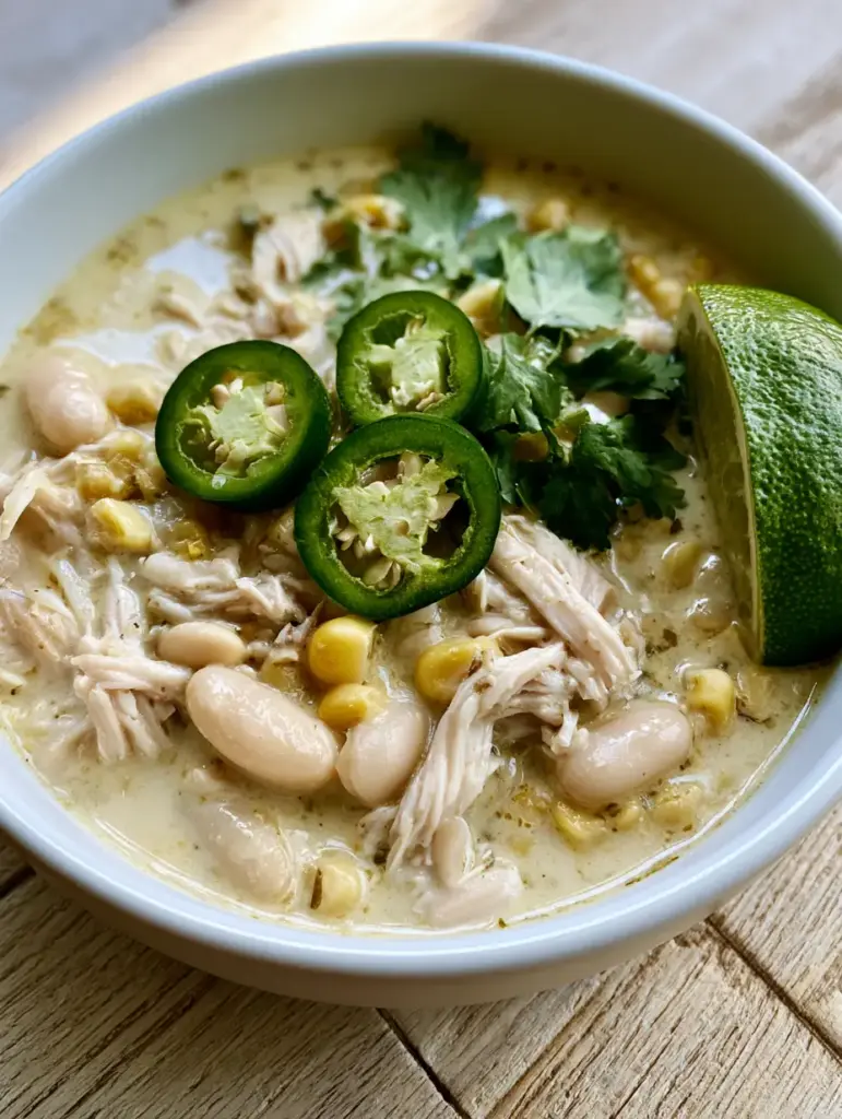 Visual of shredded chicken and cannellini beans in a creamy ivory broth, garnished with a bright green lime wedge.